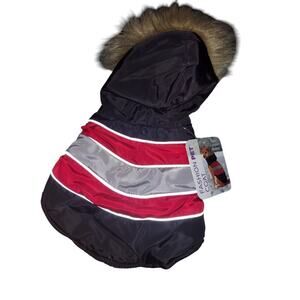 FASHION PET Diagonal Stripe Puffy Coat Red Gray Black XS With Faux Fur